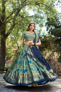 Vastranavya Kalamkari Print With Foil Print Lehenga with Unstitched Printed Blouse - Sea Green