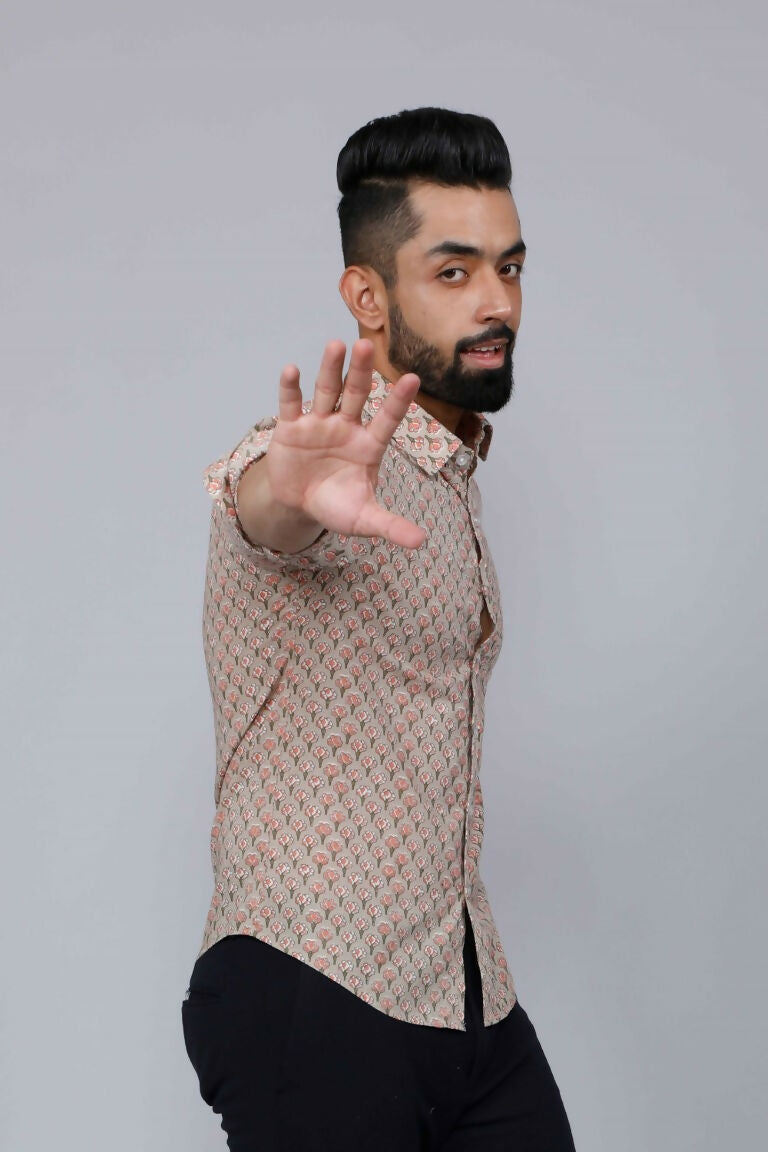 Miravan Men's Beige Pure Cotton Handblock Floral Print Shirt