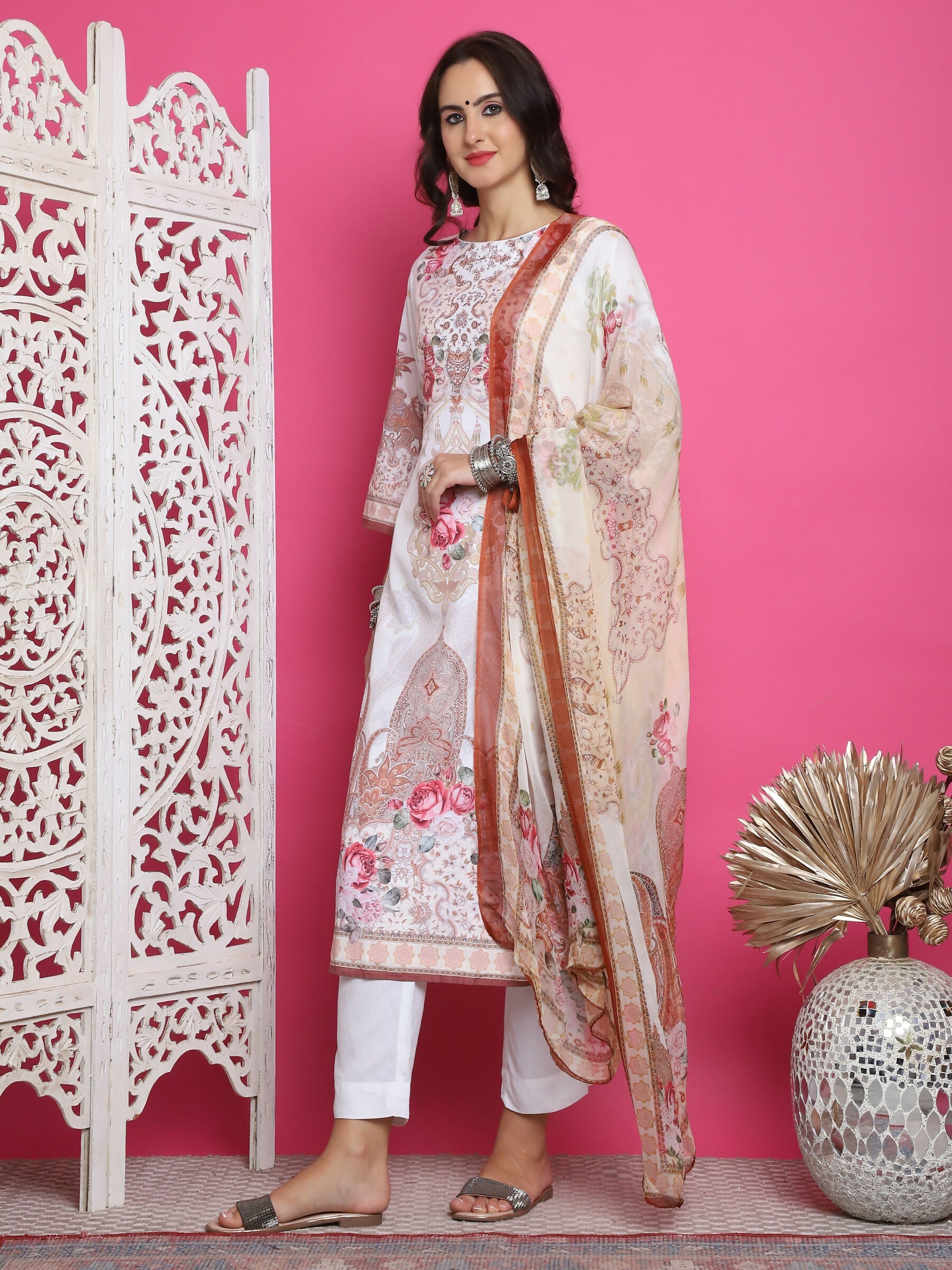 Jyoti Fashion Women's Cream Satin Traditional Digital Print with Crystal work Kurta with Trouser & Dupatta