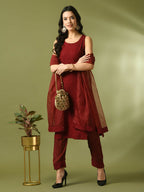 Myshka Women's Maroon Embroidered Cotton Straight Party Kurta Set With Dupatta