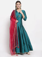 Myshka Women's Green Silk Solid 3/4 Sleeve V Neck Casual Anarkali Kurta Dupatta Set