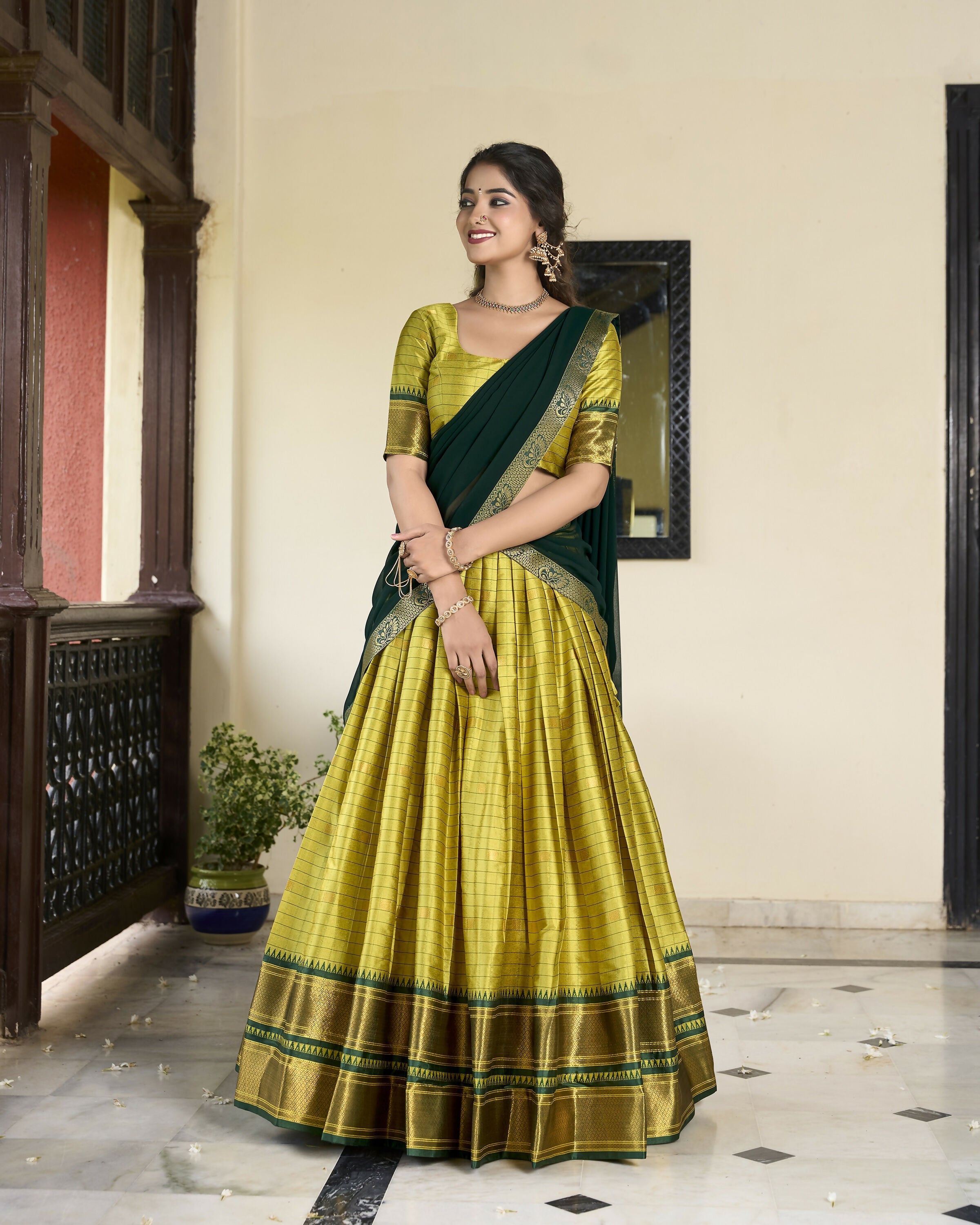 Lorenvalley Parrotgreen Cotton Silk Weaving Work With Paithani Concept Lehenga Choli