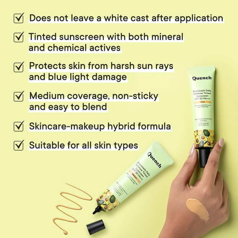 Quench Vitamin E Tinted SPF 50 Sunscreen PA+++ with both Mineral & Chemical Actives (Medium)