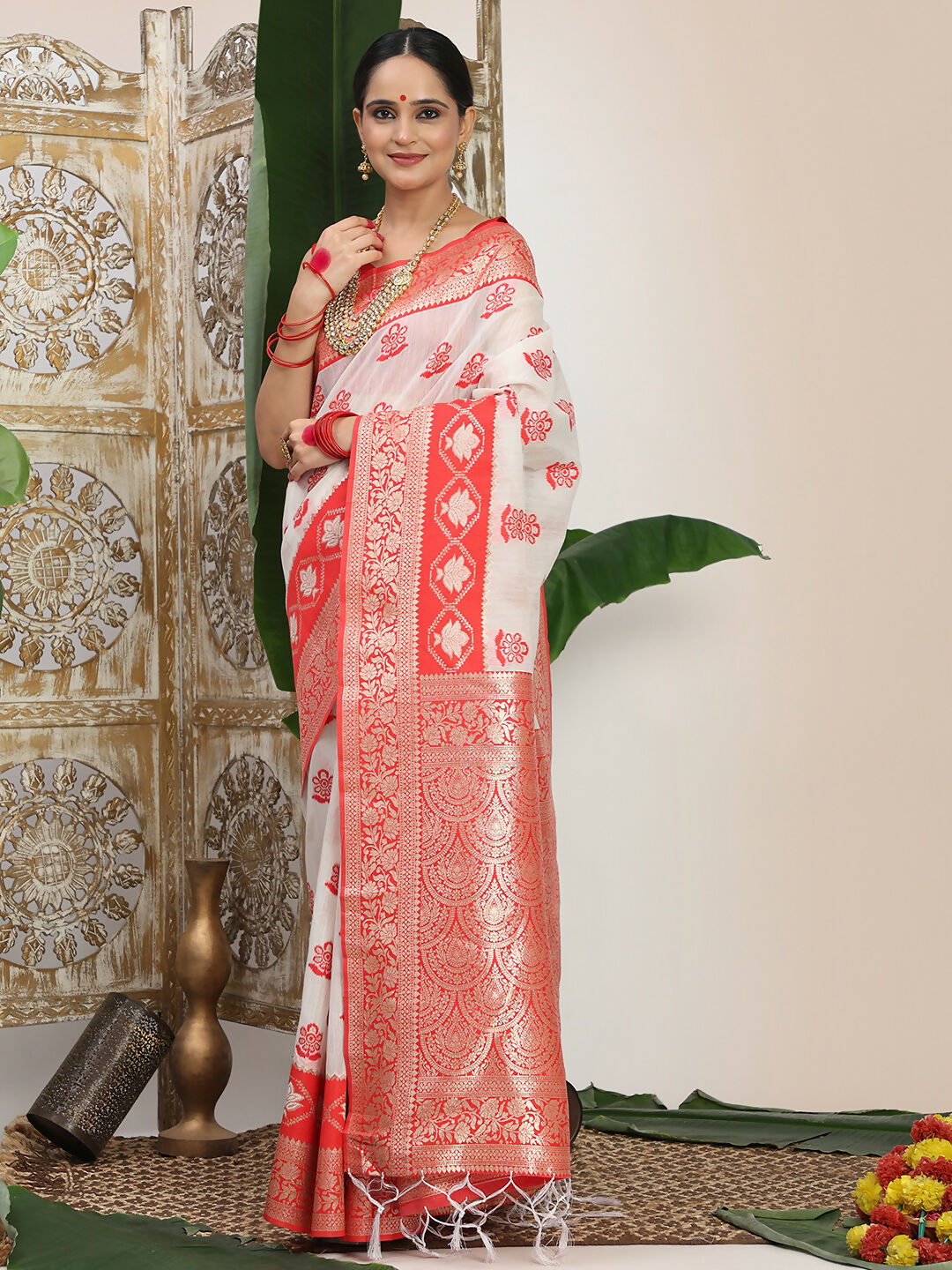 Shree Shyam Fashion Linen Cotton Red & White Saree - Distacart