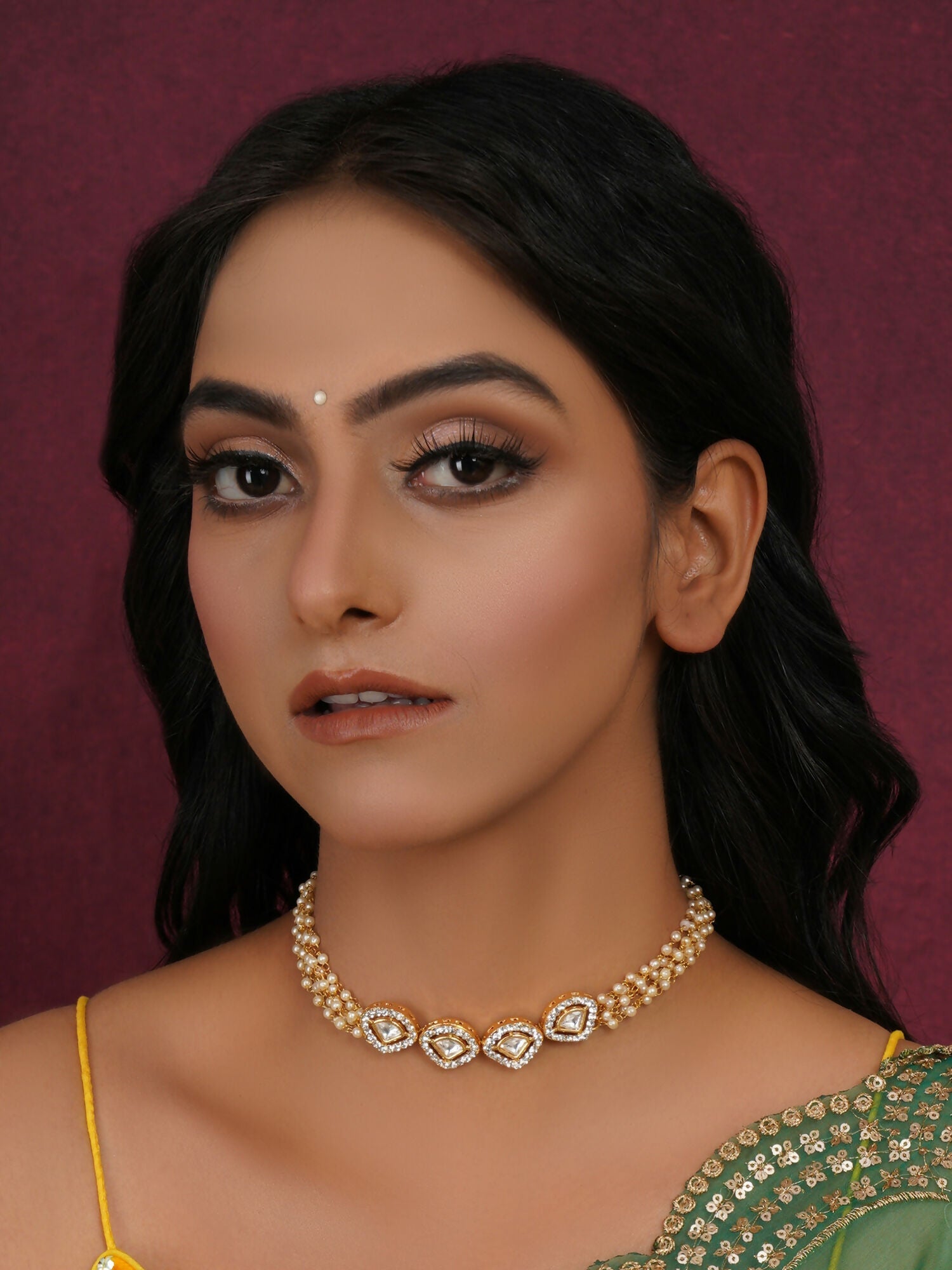 Kundan & Pearl Neckpiece (Gold) - Ruby Raang