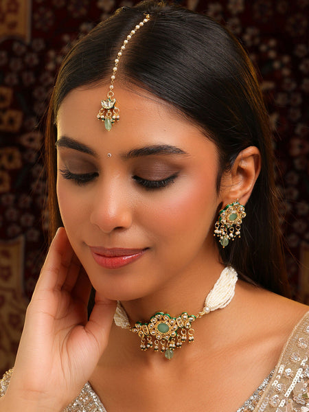 Ruby Raang Green-Gold Kundan Neck Piece With Matching Earrings And Maang Tikka