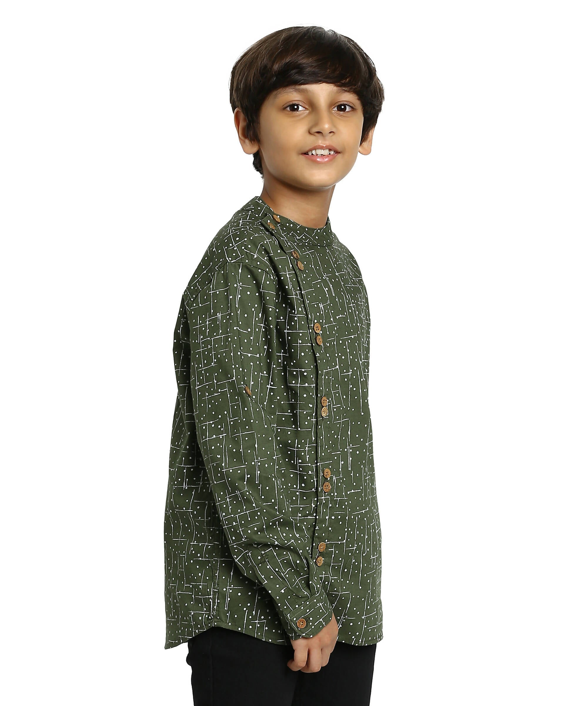 Manet Boys Full Sleeves Dot Printed Ethnic Shirt - Olive Green