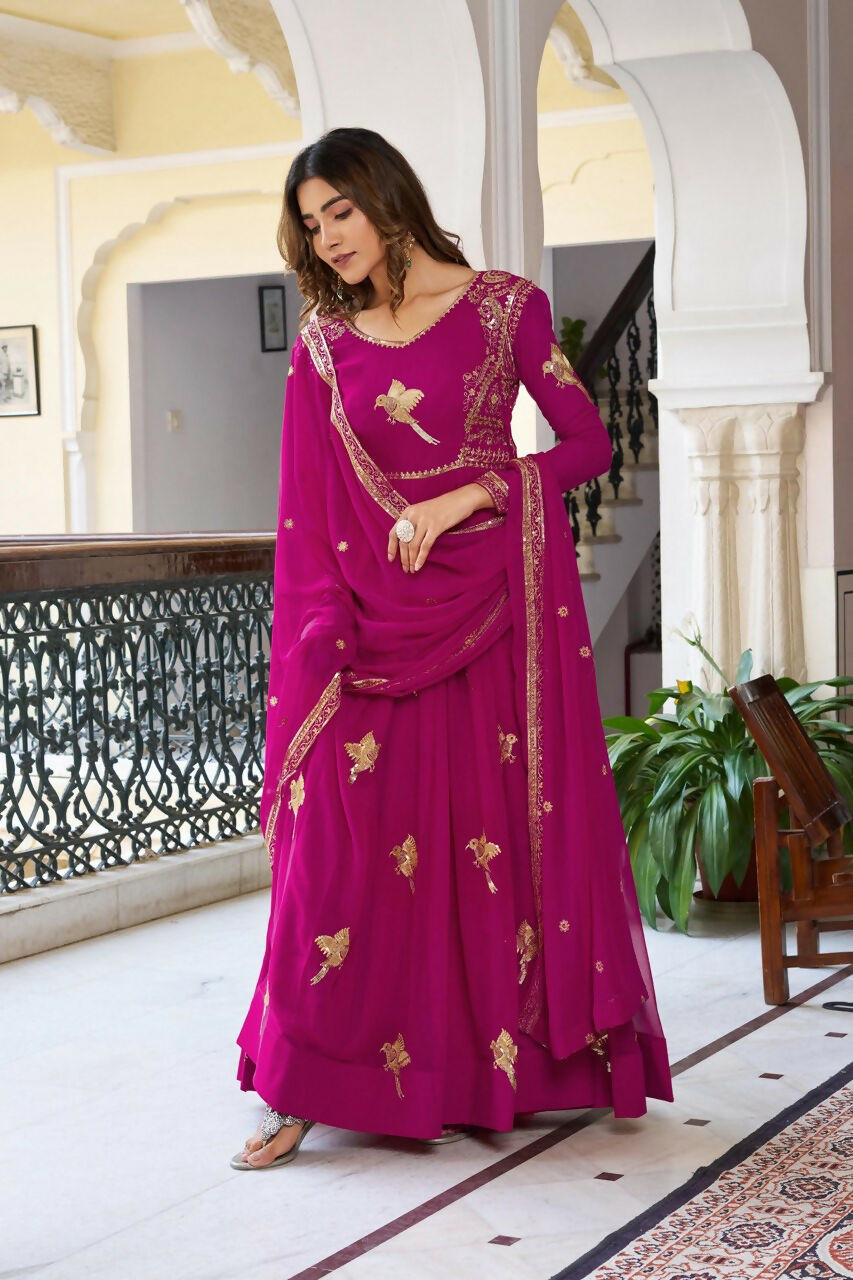 The52 Women's Gorgeous Faux Georgette Fabric Embroidery Work Flared Anarkali Pant and Dupatta Set - Distacart