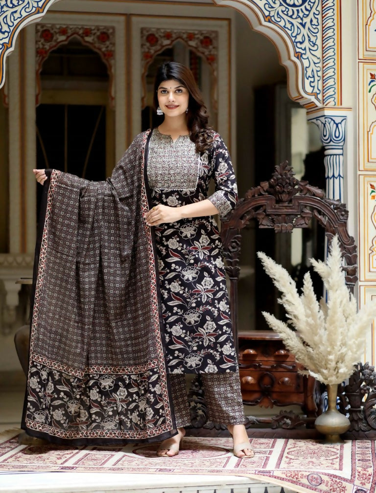 Miravan Women's Multi Colour Floral Printed Embroidery Yoke Design Kurta With Palazzo And Duptta Set