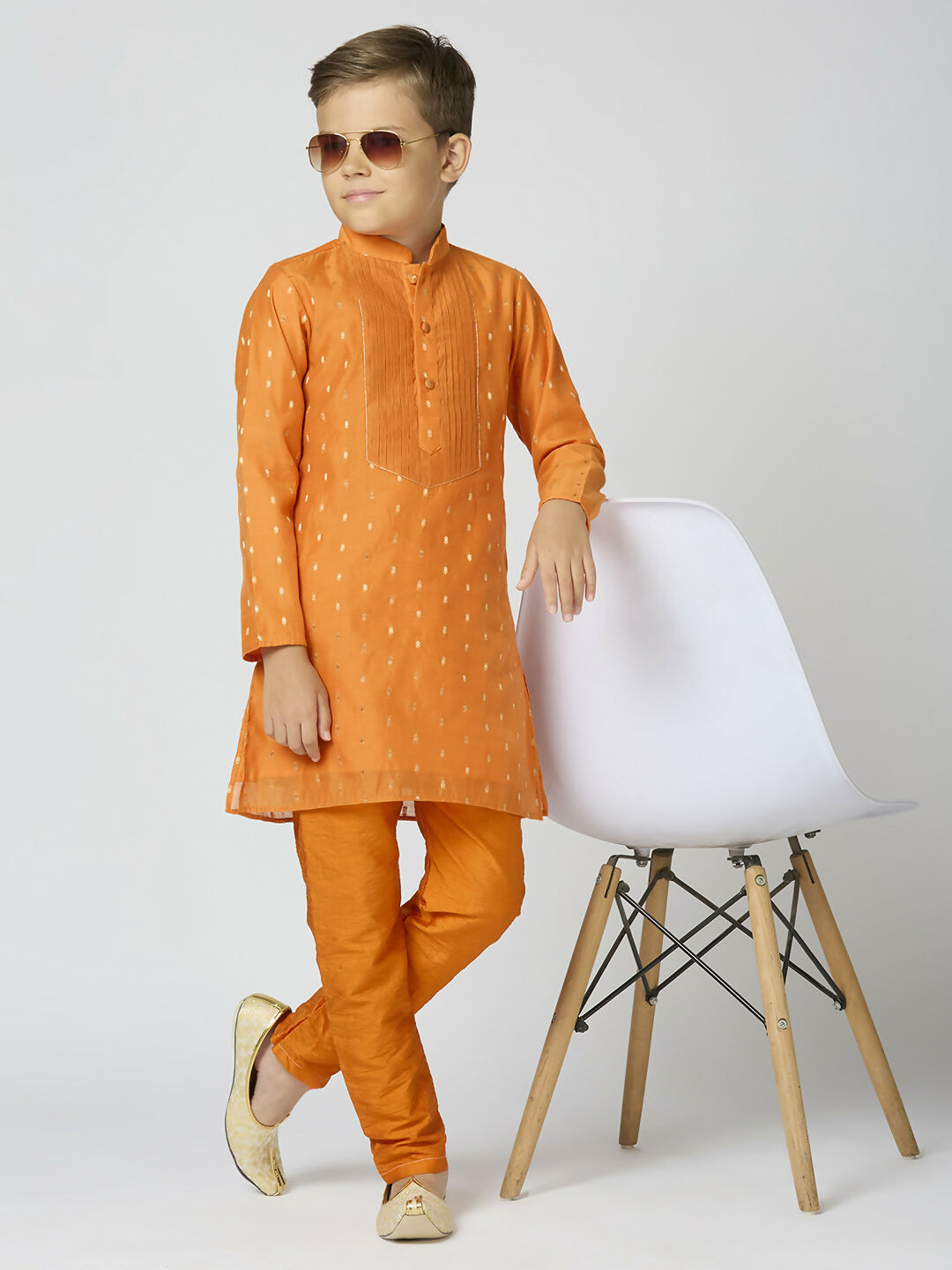 Joban Fashion Kids Island Full Sleeves Chanderi Kurta, Pyjama Set with Traditional Butta Work - Orange - Distacart