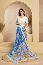 Vastranavya Blue Digital Printed Linen Ready To Wear Designer Saree with Unstitched Blouse - Distacart