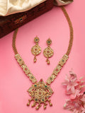 NVR Women's Gold-Polished Pink & Green Stone-Studded Peacock Design Temple Jewellery Set