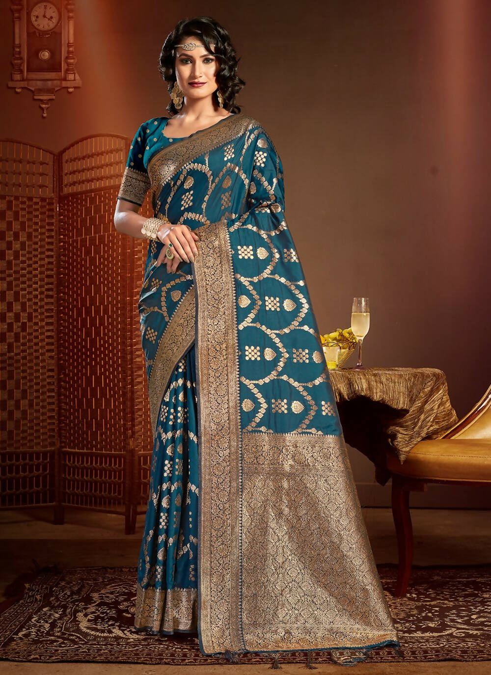 Dark Blue Silk Ethnic Motif Woven Design Saree with Unstitched Blouse Piece - Aachal