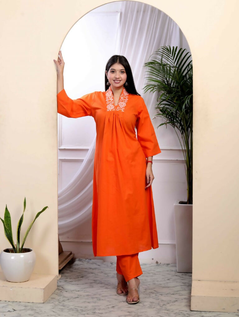 Miravan Women's Orange Cotton Embroidered A-Line Style Kurta And Palazzo