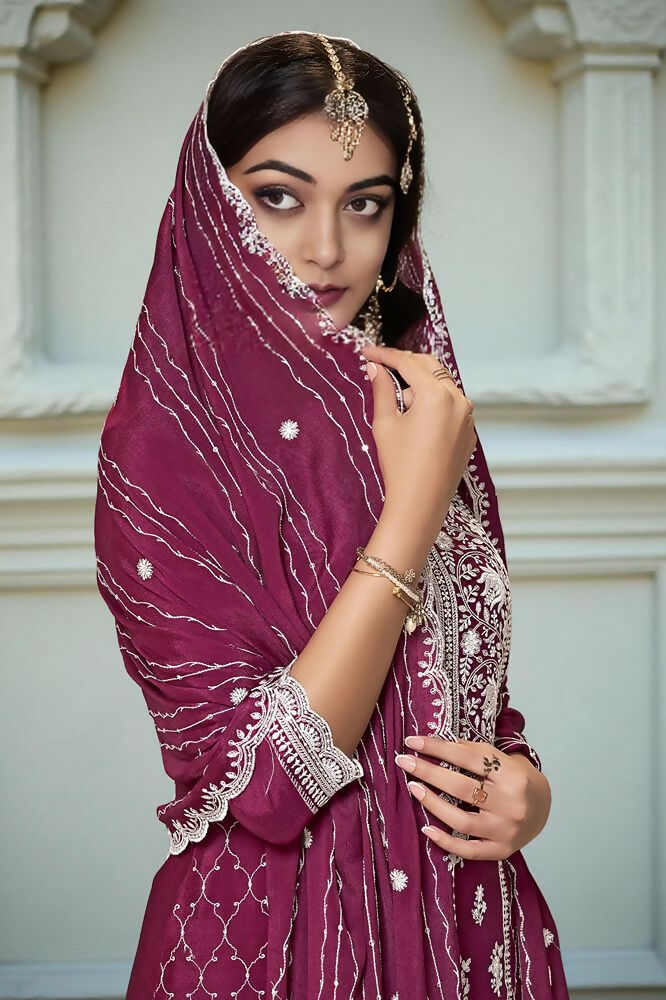Ethnic Festive Wear Premium Chinon Fabric Wine Stitched Suit With Dupatta-Zeeya