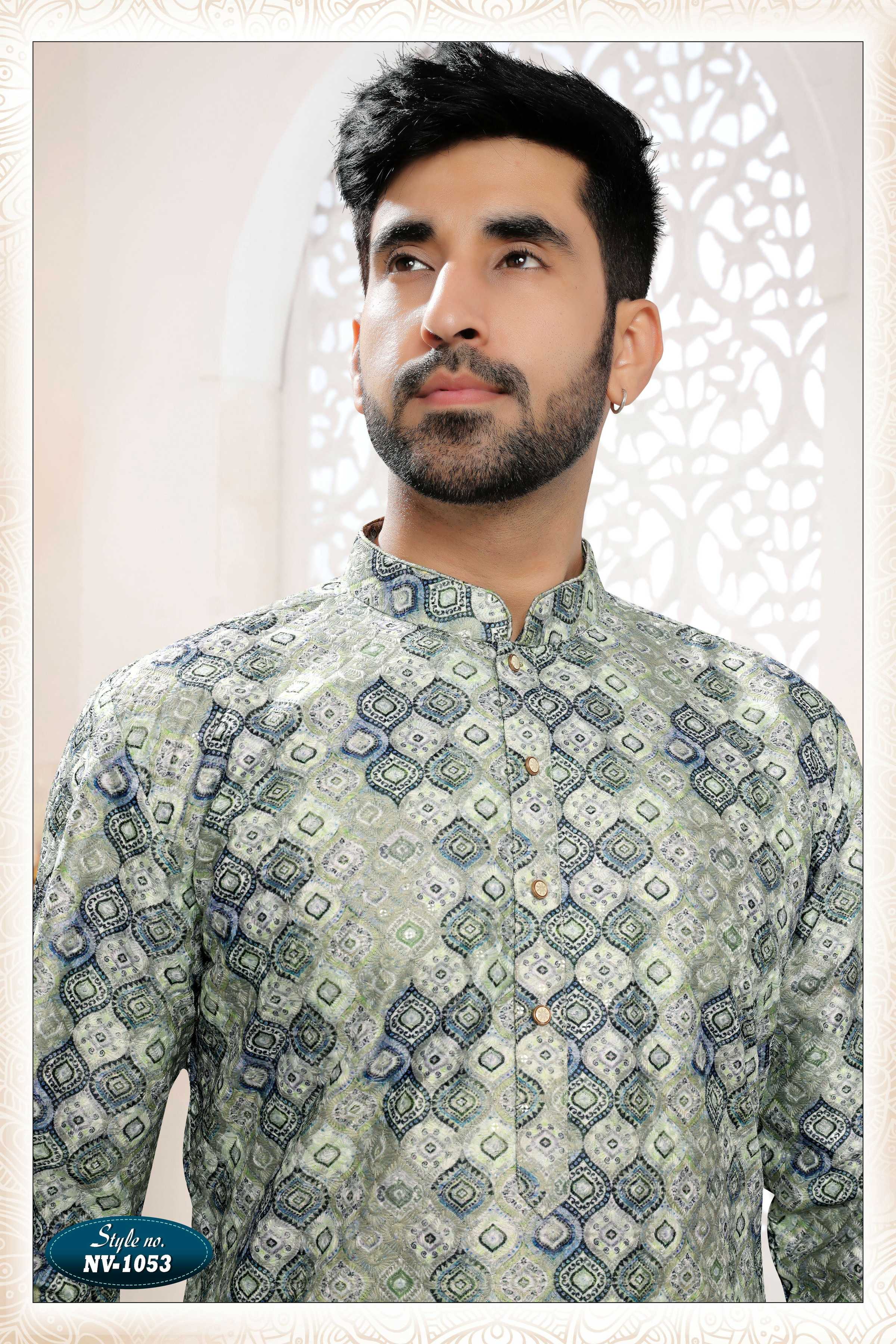 Joban Fashion Men's Green & Blue Straight Silk Thread And Sequence Embroidery All Over Kurta Set