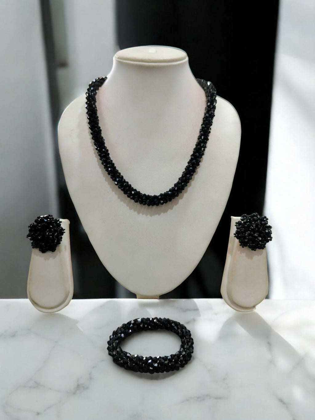 Inhanns Complete Look Crystal Statement 3-Piece Set (Adjustable Necklace + Earrings + Adjustable Bangle ) - Black