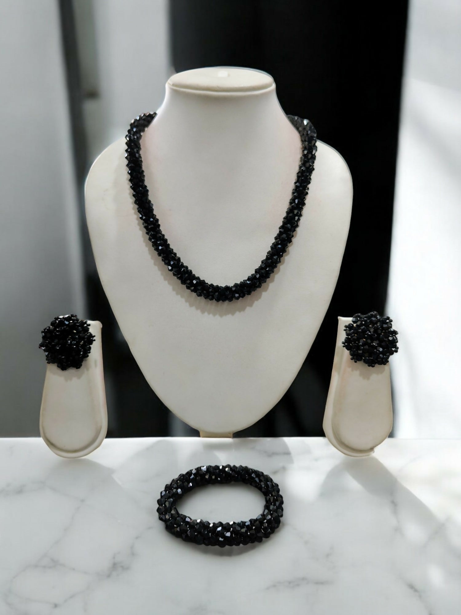 Inhanns Complete Look Crystal Statement 3-Piece Set (Adjustable Necklace + Earrings + Adjustable Bangle ) - Black