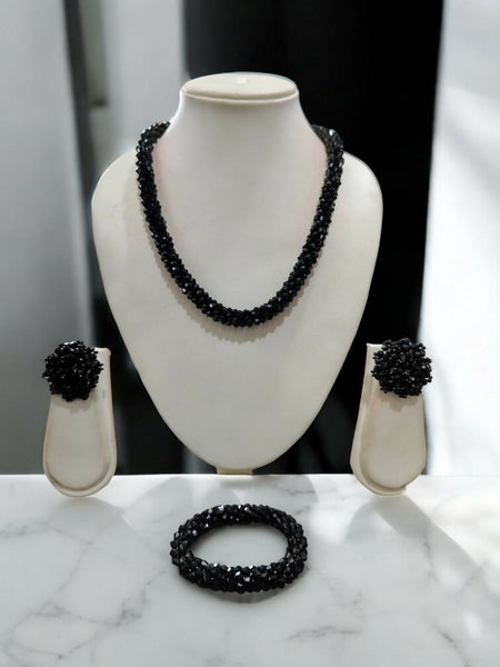 Inhanns Complete Look Crystal Statement 3-Piece Set (Adjustable Necklace + Earrings + Adjustable Bangle ) - Black