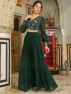 Janasya Dark Green Georgette Embroidered Top & Skirt