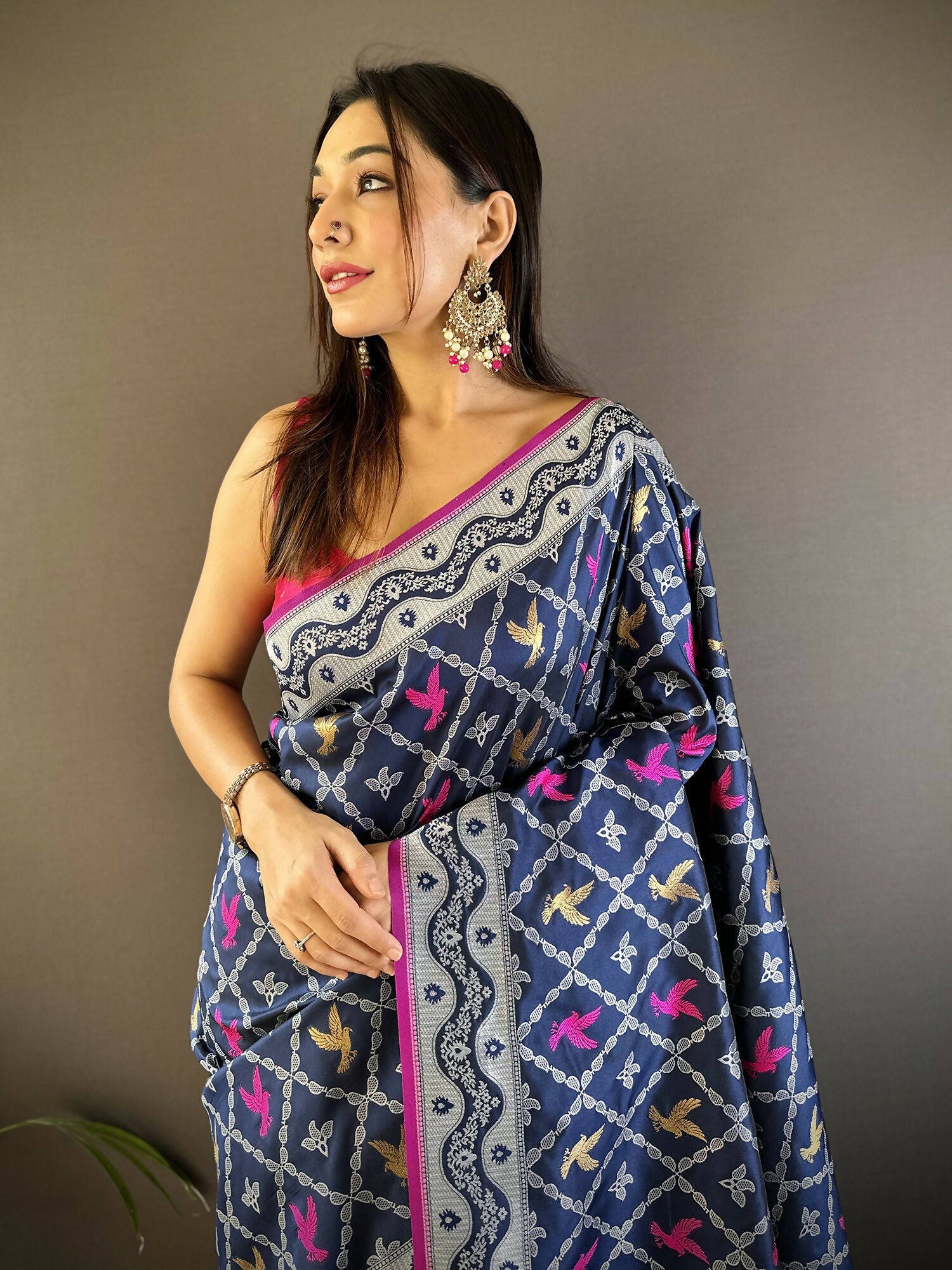 Joban Fashion Royal Blue Jacquard Woven Pattern Lichi Soft Silk Banarasi Saree