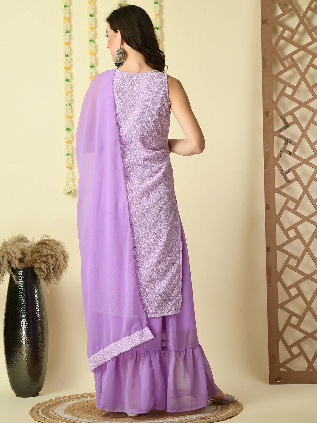 Myshka Women's Purple Georgette Kurta & Skirt With Dupatta Party Sets