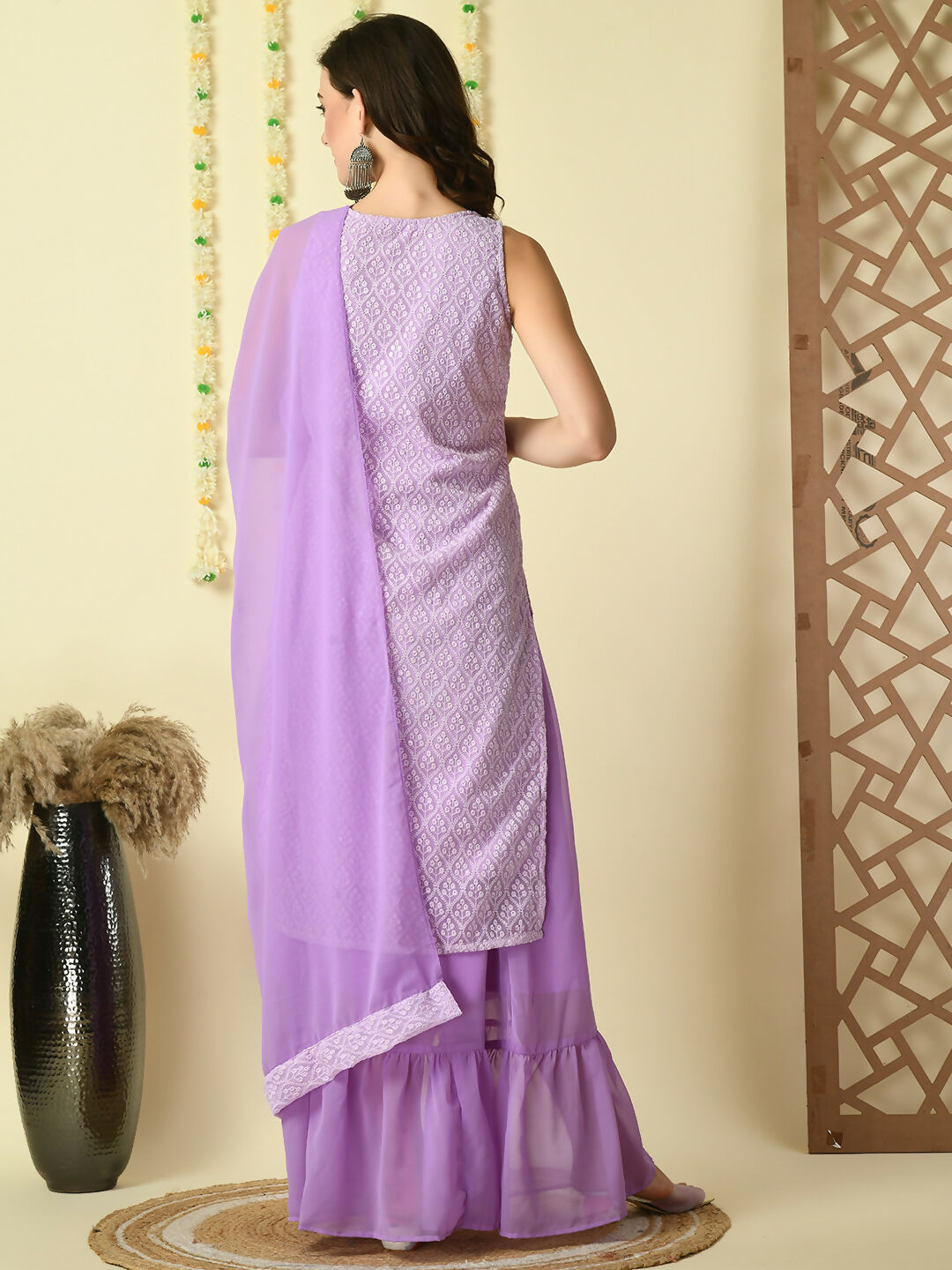 Myshka Women's Purple Georgette Kurta & Skirt With Dupatta Party Sets