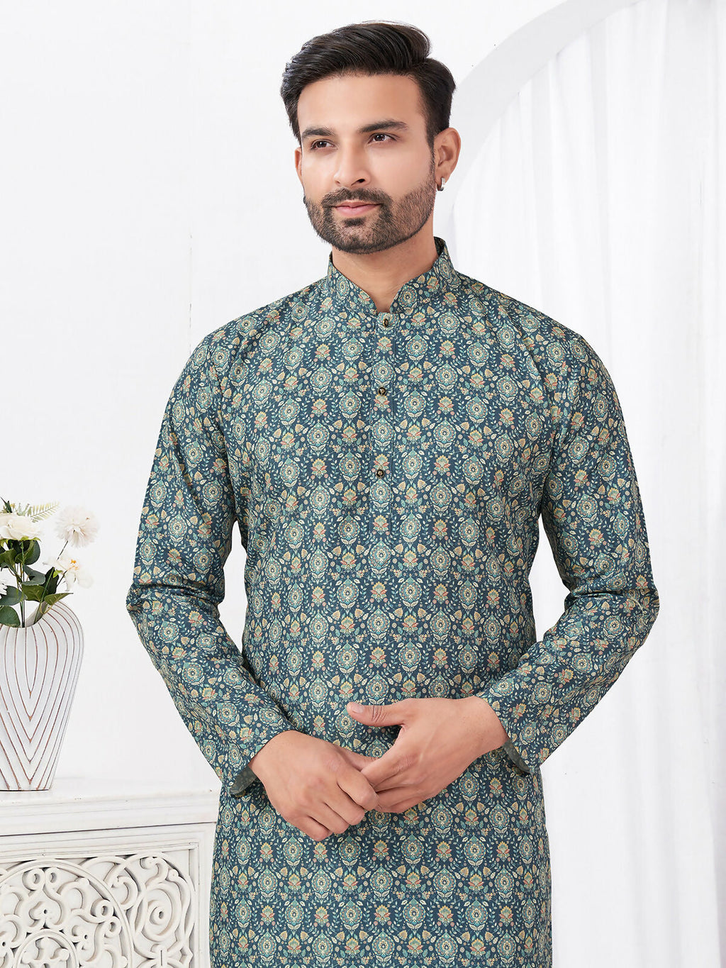 Joban Fashion Men's Rayon Cotton BLUE Printed Kurta Pyjama set