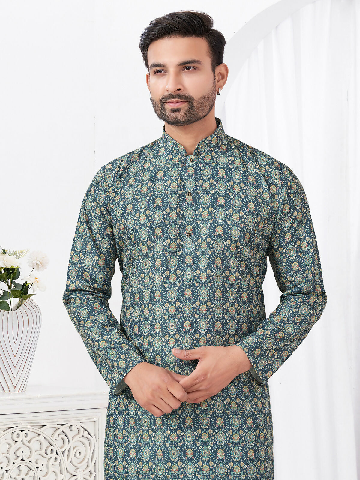 Joban Fashion Men's Rayon Cotton BLUE Printed Kurta Pyjama set