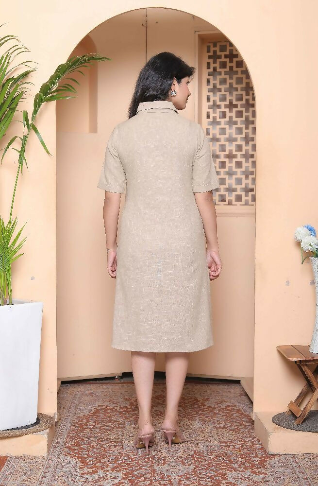 Miravan Womens Beige Solid Midi Dress With Belt And Side Pocket