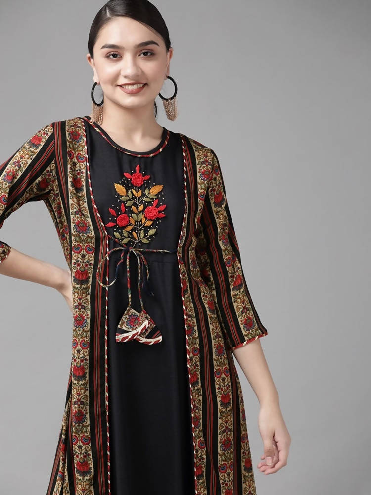 Yufta Women Black & Red Solid Embroidered Detail A-Line Maxi Dress with Ethnic Jacket