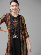 Yufta Women Black & Red Solid Embroidered Detail A-Line Maxi Dress with Ethnic Jacket