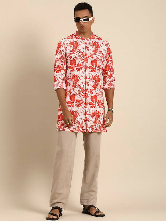 Red & White Men pure Cotton Floral Printed Straight Kurta - Mahotsav
