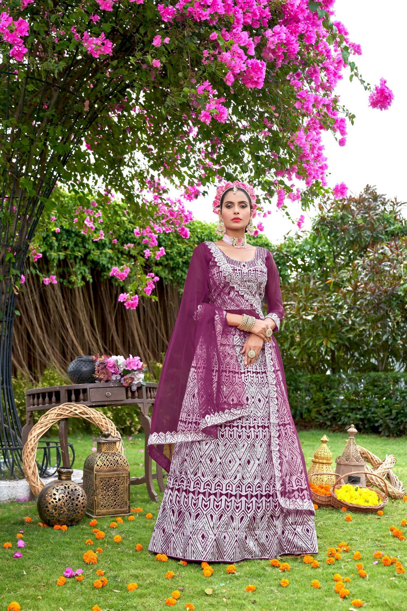 Purple Net Embroidered Semi Stitched Lehenga Choli with Dupatta - Bhagya