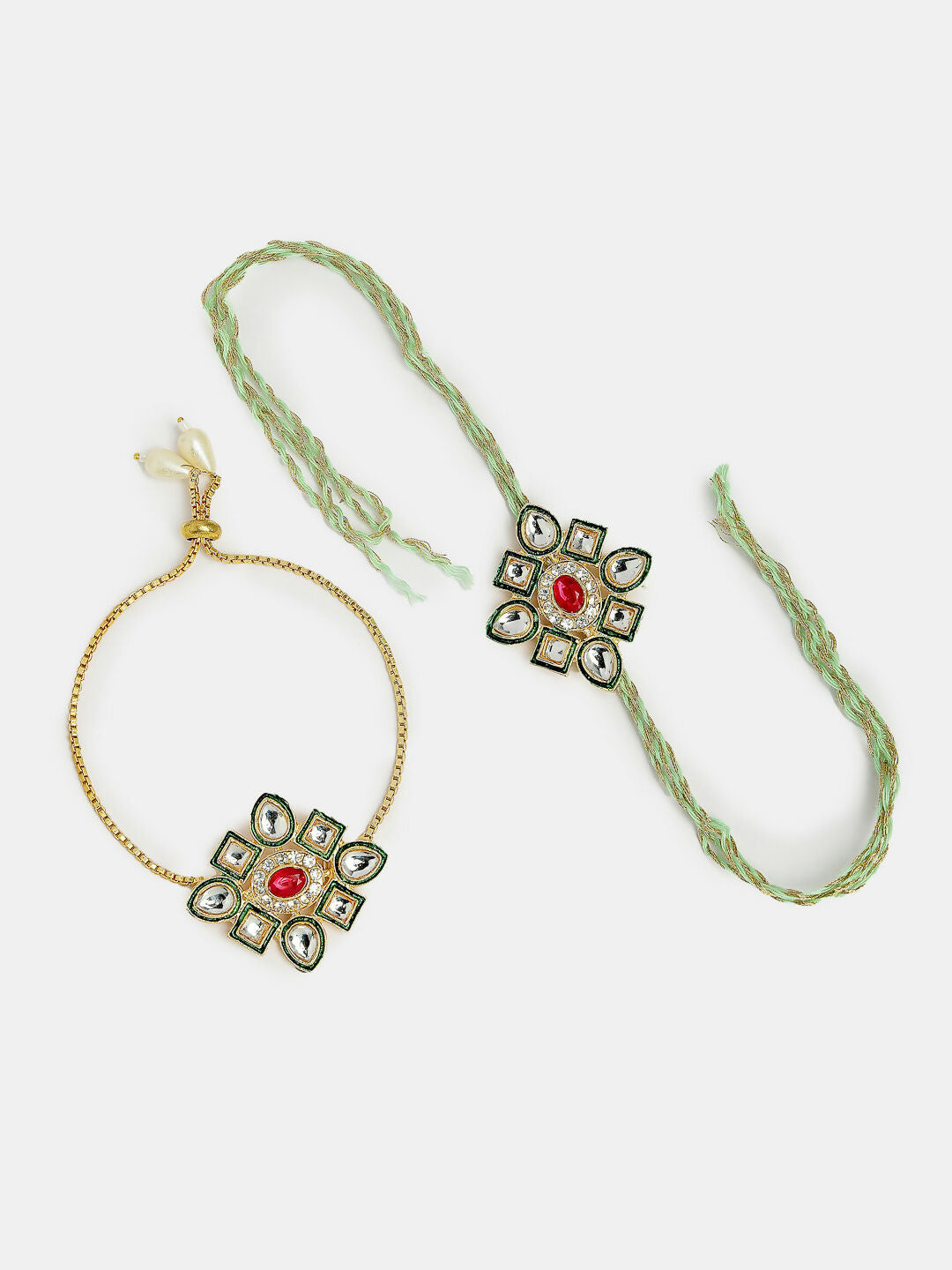 NVR Women & Men Set of 2 Gold Kundan-Studded Handcrafted Wraparound Rakhi Set With Roli Chawal - Distacart