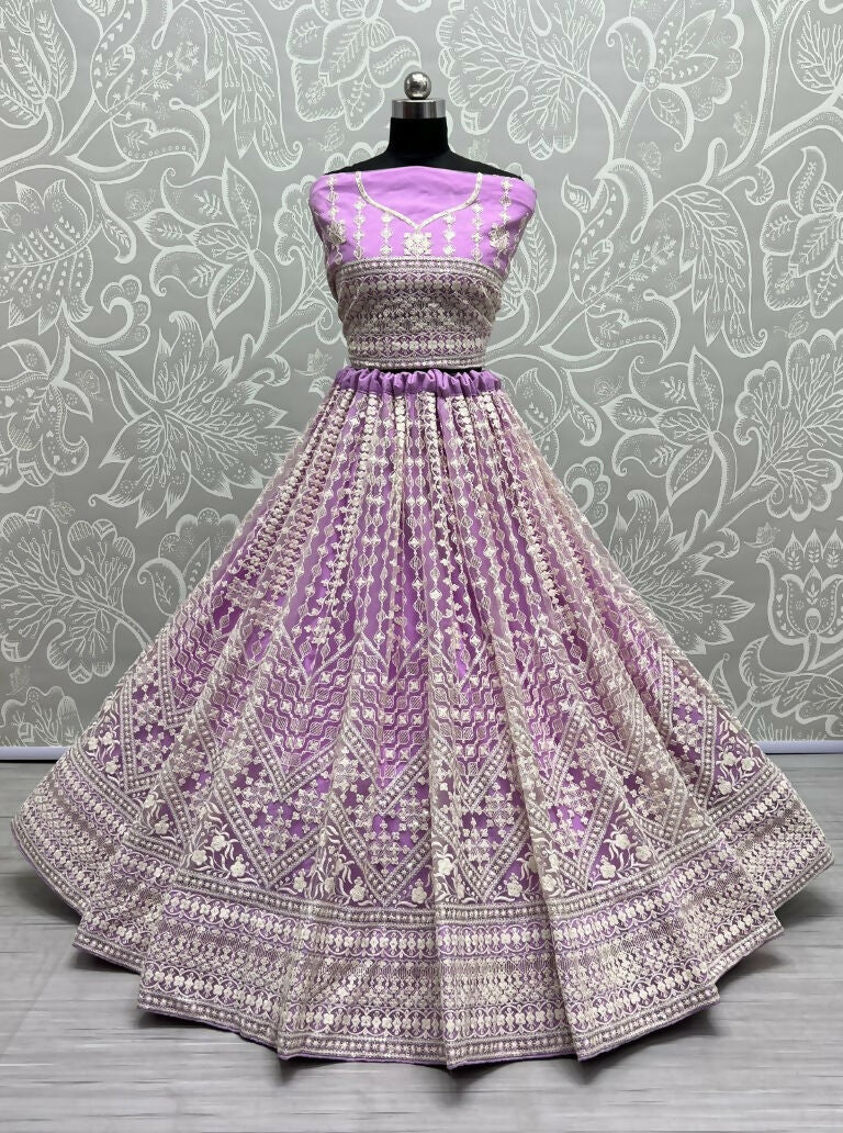Jyoti Fashion Women's Mauve Net Patterned Thread Embroidered with Sequins Wedding Lehenga Choli
