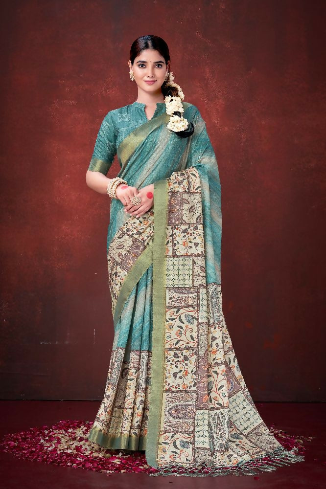 Sky Blue Poly Habotai Silk Foil Print Saree with Unstitched Blouse - Kathari