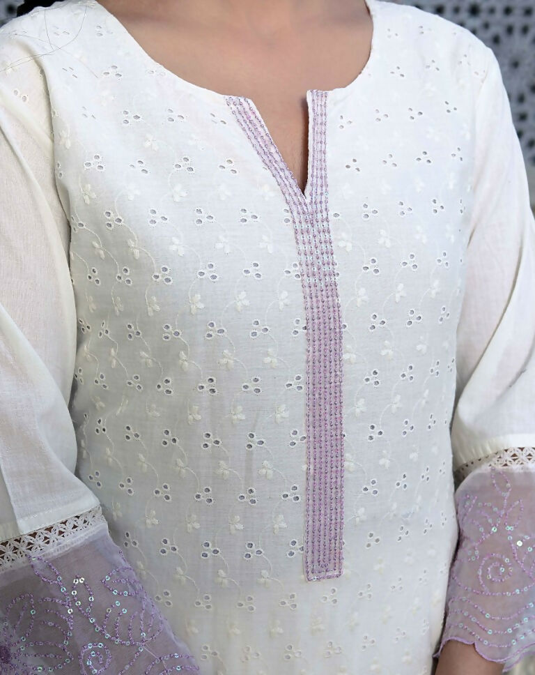 Miravan Women's Organza Cotton Chikankari Embroidered With Purple Sequence work Jaipuri Suit Set