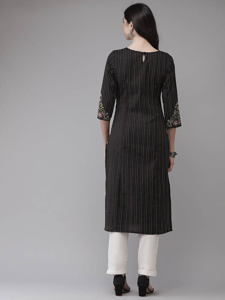 Yufta Women Black Yoke Design Kantha Work Floral Kurta
