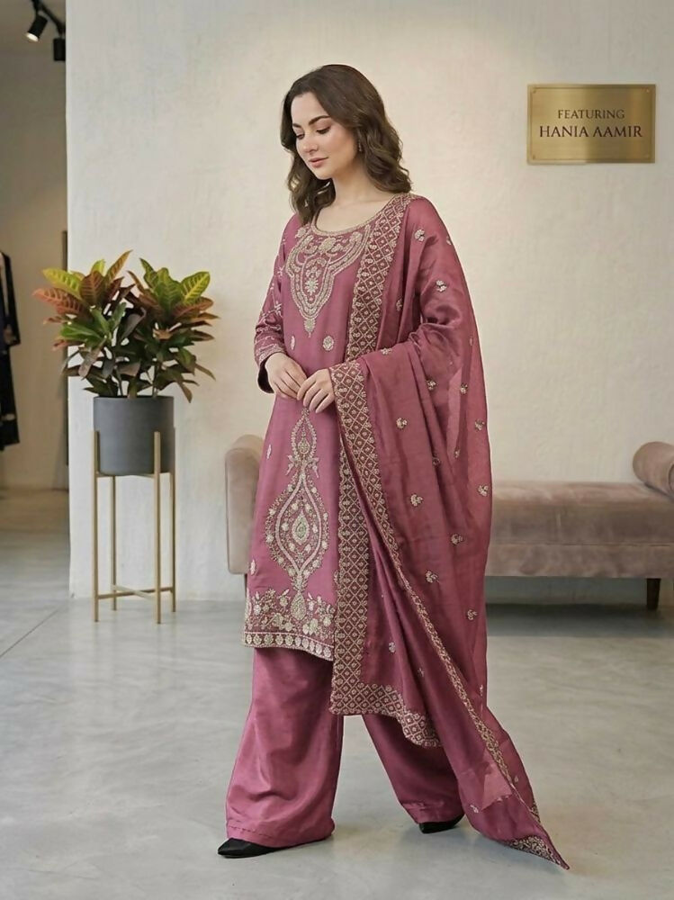 Teeya Creation Pink Color Gimmychu Silk Embroidery Work Wedding Wear Salwar Suit - Distacart