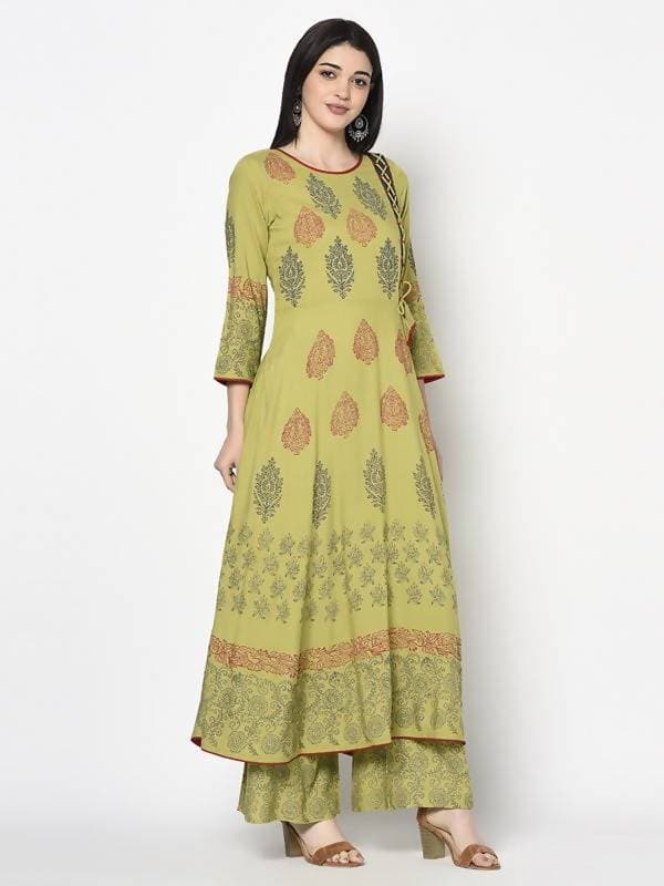 Aniyah Rayon Parrot Green Color Block Print Anarkali Kurta (AN-195K)