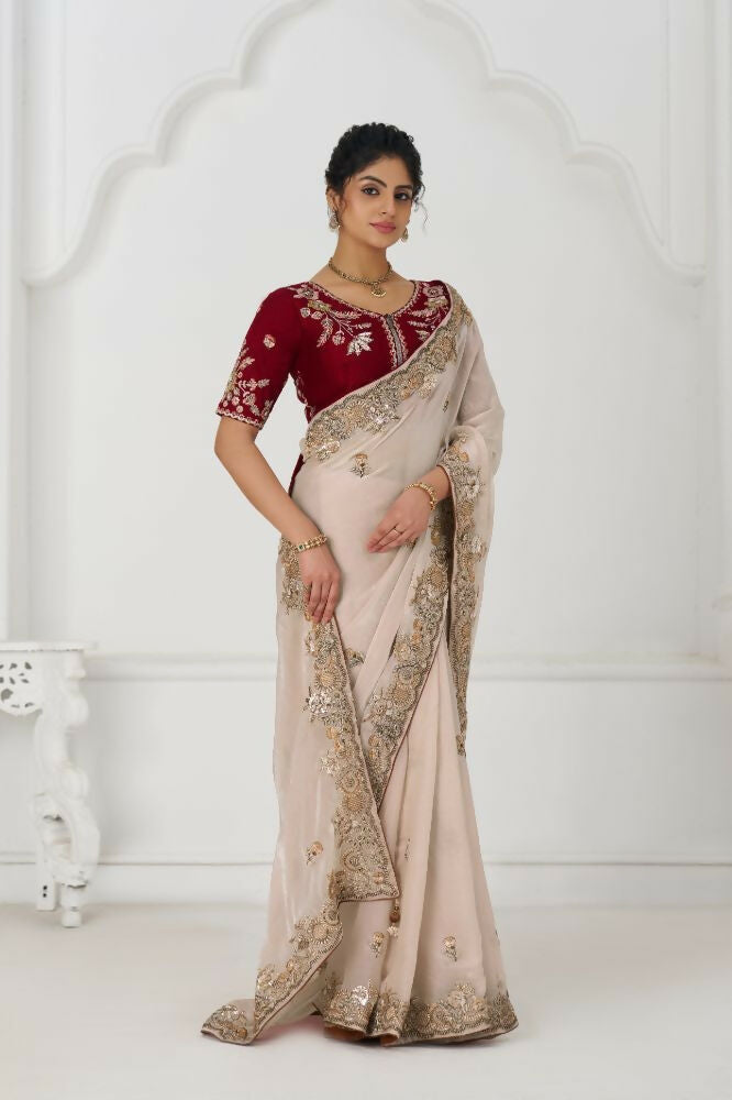Kesar Fab Chiku Color Stunning Fendi Silk With Zari & Sequins Elegance Saree
