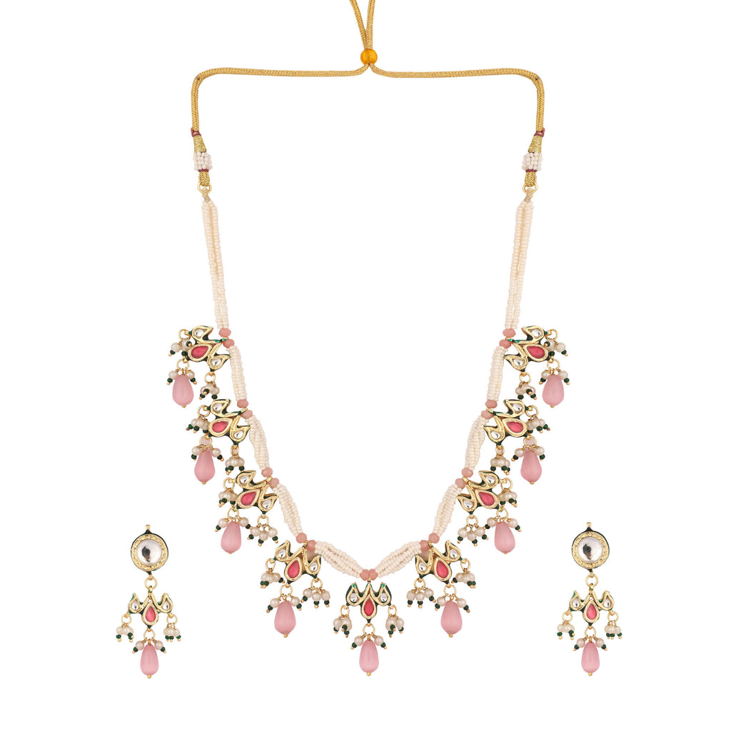 Nuyug 22K Gold Plated Pearl Empress Flora Pink Stone Drops Necklace Set