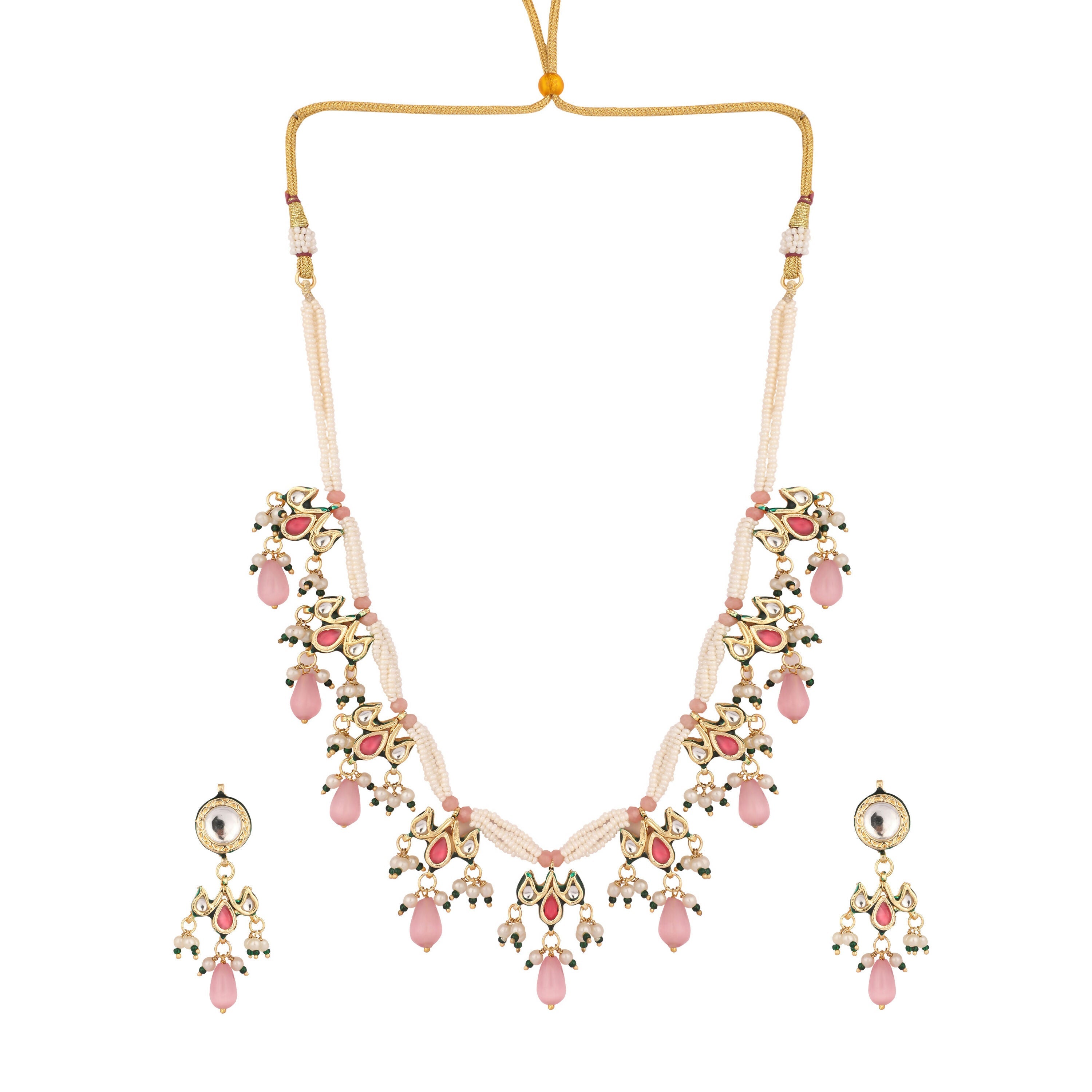 Nuyug 22K Gold Plated Pearl Empress Flora Pink Stone Drops Necklace Set