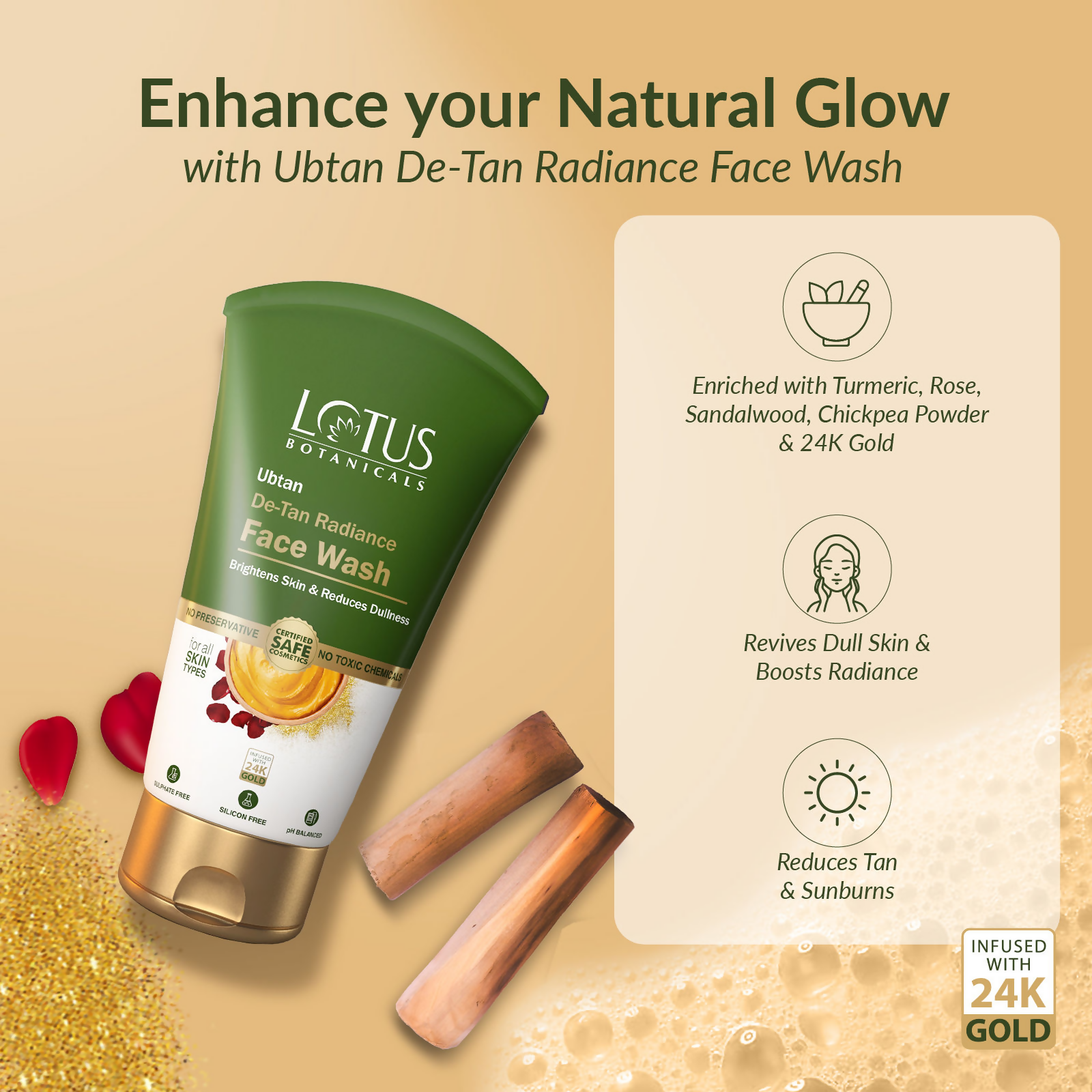 Lotus Botanicals Ubtan De-Tan Radiance Face Wash Infused with 24K Gold Rejuvenated Skin