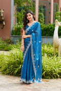 Vastranavya Firozi Embroidery Work Shimmer Chiffon Saree with Unstitched Blouse - Distacart