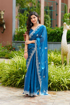 Vastranavya Firozi Embroidery Work Shimmer Chiffon Saree with Unstitched Blouse - Distacart