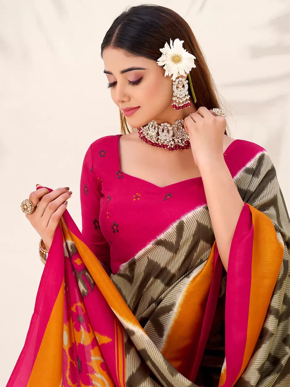 Vastranavya Mehendi Tussar Silk Zigzag Waves Printed Saree with Unstitched Blouse - Distacart