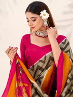 Vastranavya Mehendi Tussar Silk Zigzag Waves Printed Saree with Unstitched Blouse - Distacart
