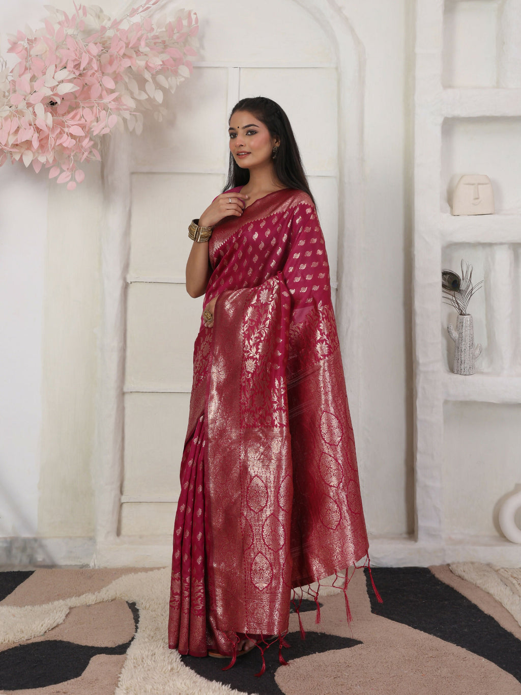 Shree Shyam Fashion Lichi Silk Wine Saree - Distacart
